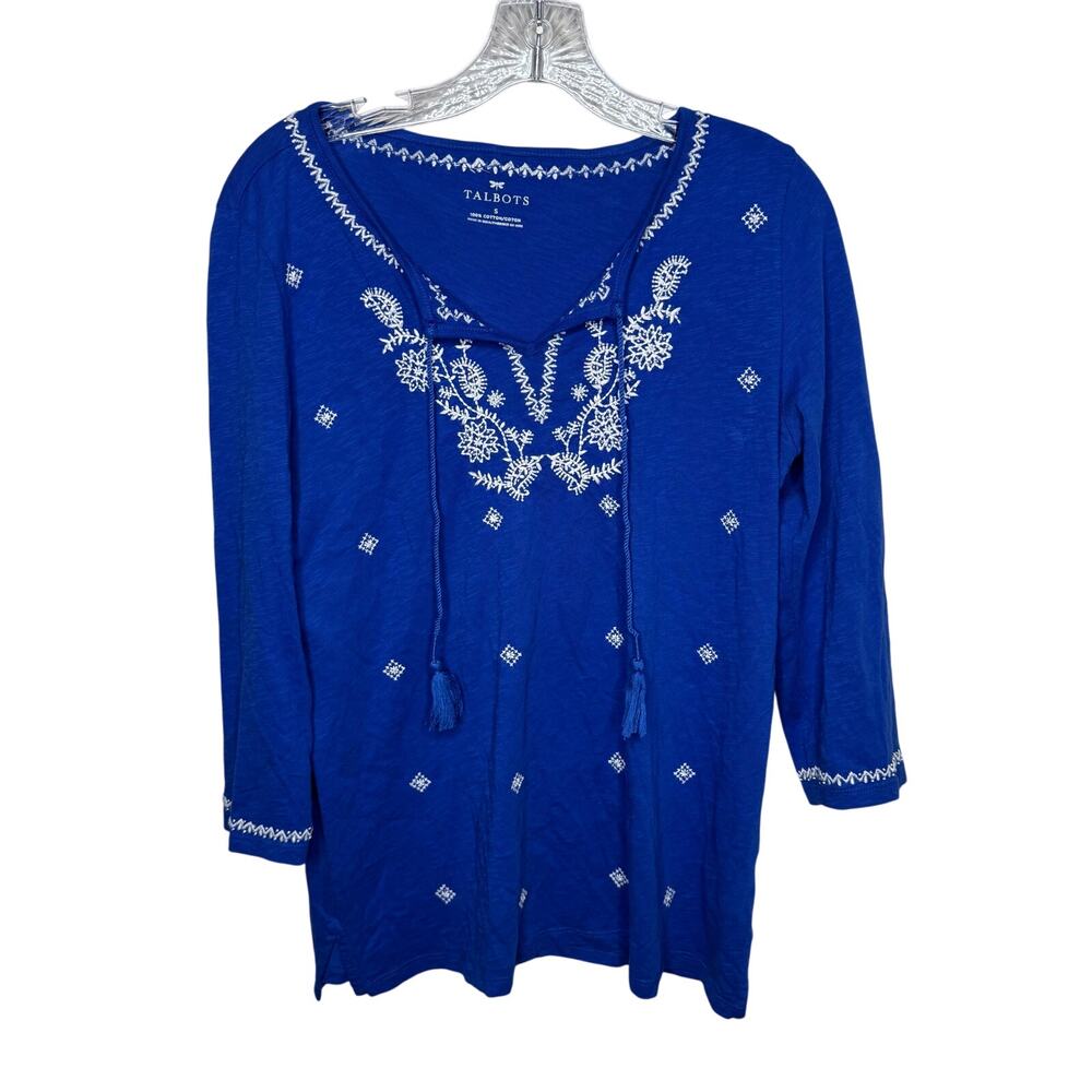 Talbots S‎ Blue White Embroidered Peasant Boho Tunic Top 100% Cotton Tassel